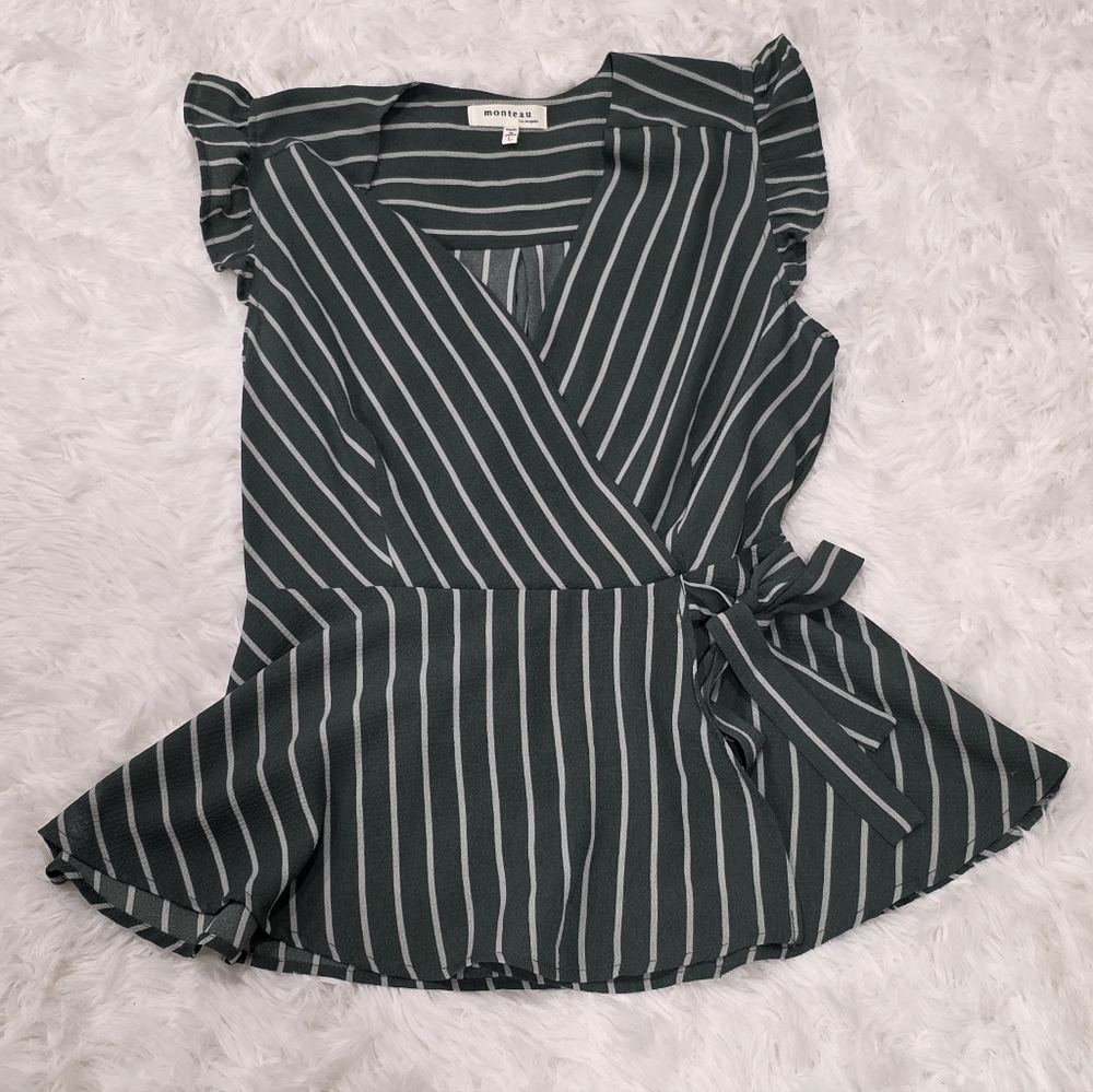 Monteau Los Angeles- Women's Green Striped Top. Size M